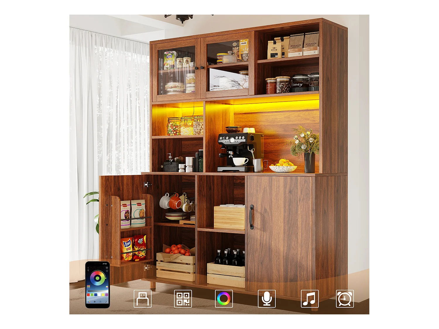Buffet de cuisine hauts pour le salon - 120 x 40 x 185cm - avec 4 portes + Led - style rétro - MDF + verre - naturel