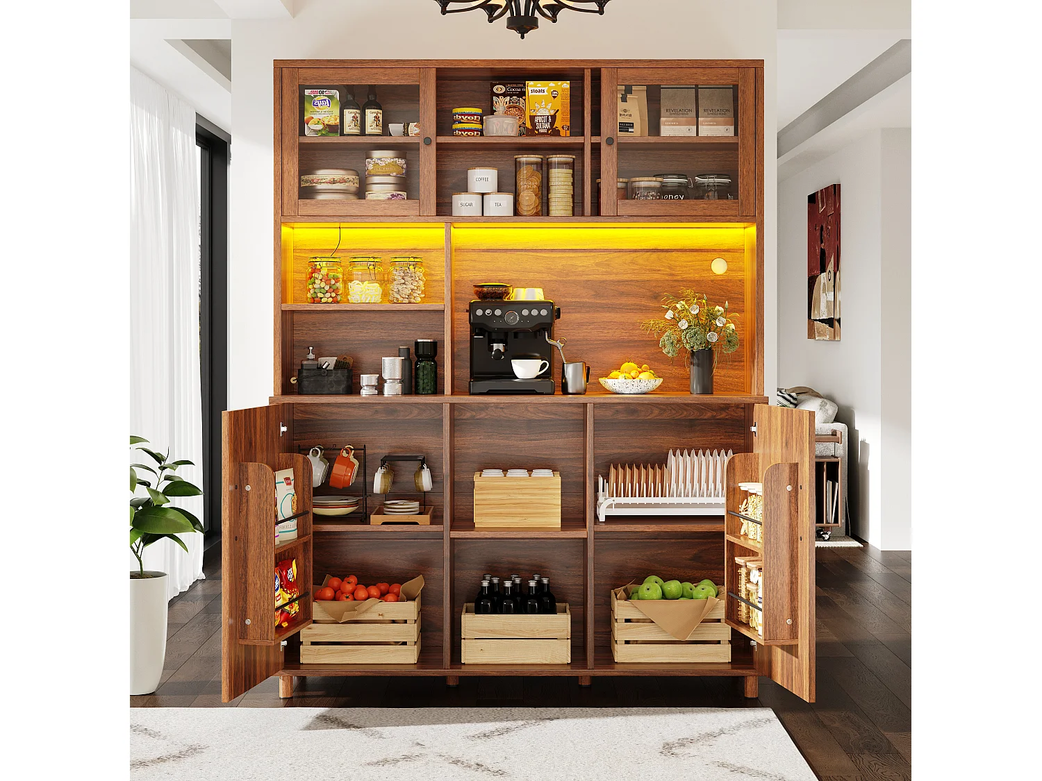 Buffet de cuisine hauts pour le salon - 120 x 40 x 185cm - avec 4 portes + Led - style rétro - MDF + verre - naturel