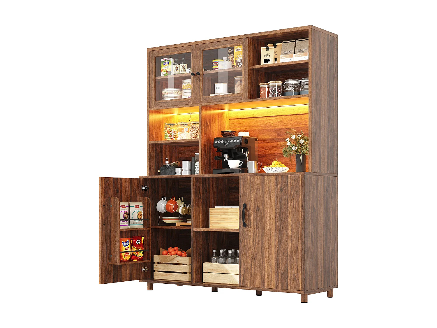 Buffet de cuisine hauts pour le salon - 120 x 40 x 185cm - avec 4 portes + Led - style rétro - MDF + verre - naturel
