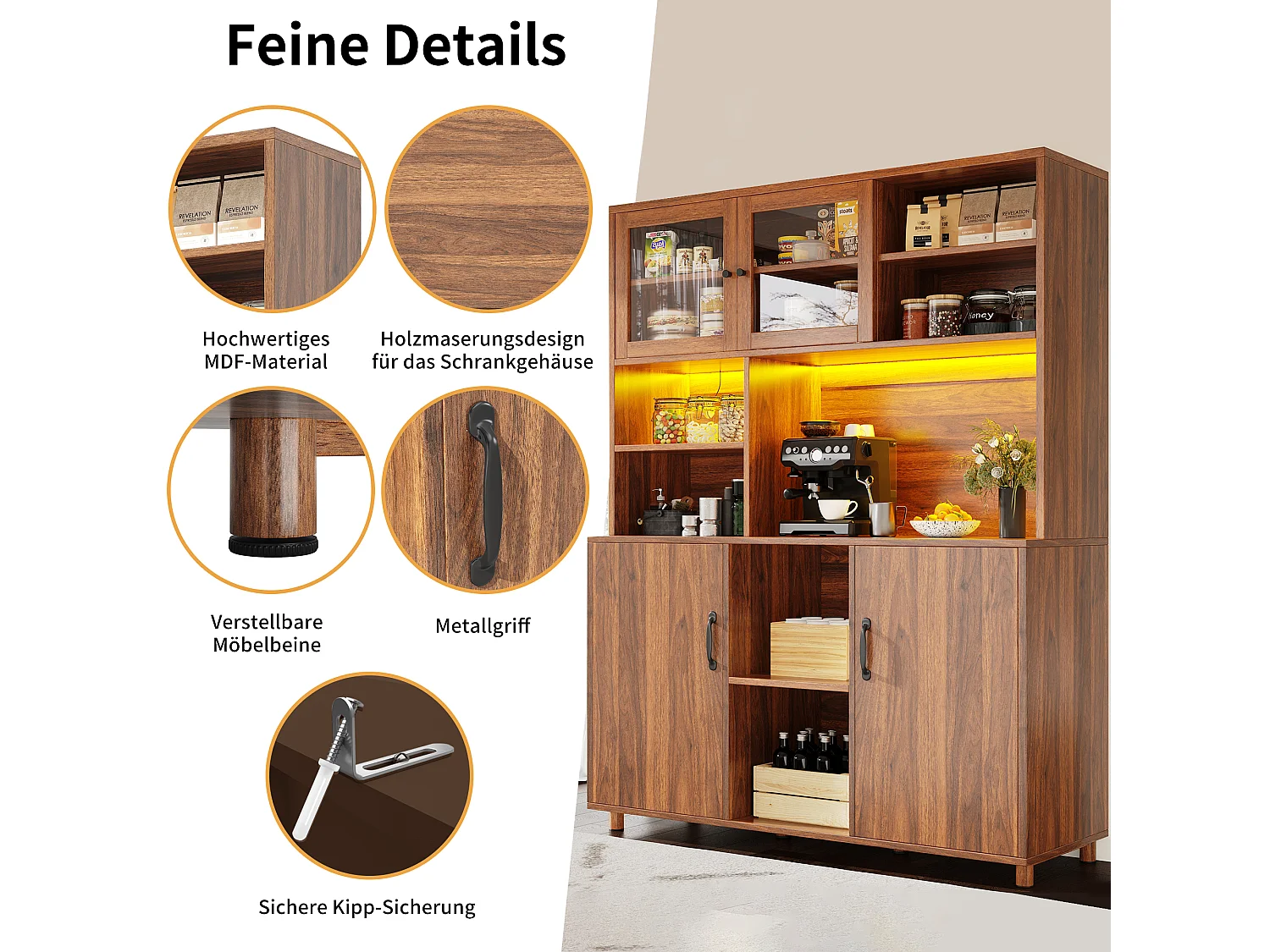 Buffet de cuisine hauts pour le salon - 140 x 40 x 185cm - avec 4 portes + Led - style rétro - MDF + verre - naturel
