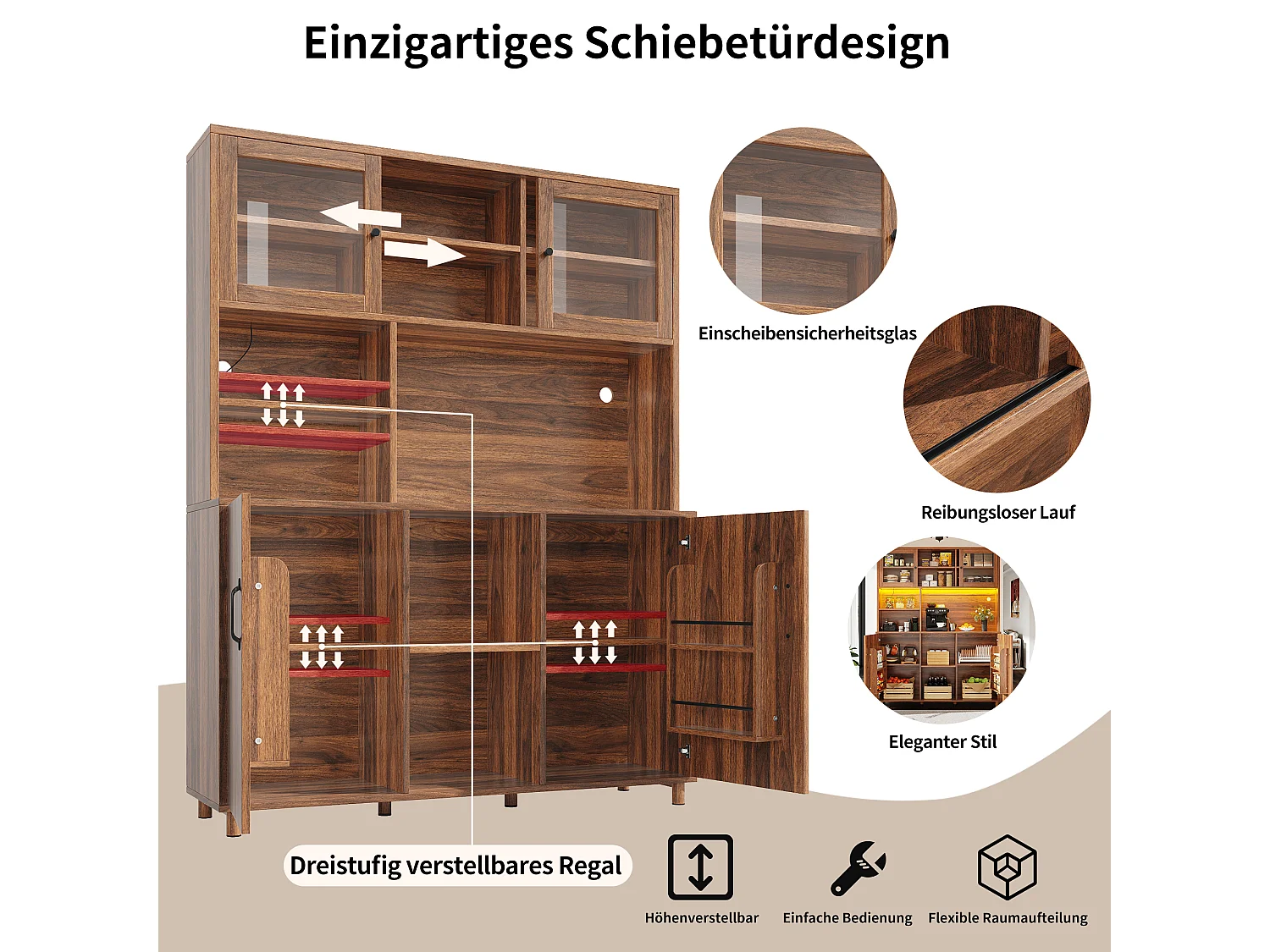 Buffet de cuisine hauts pour le salon - 140 x 40 x 185cm - avec 4 portes + Led - style rétro - MDF + verre - naturel