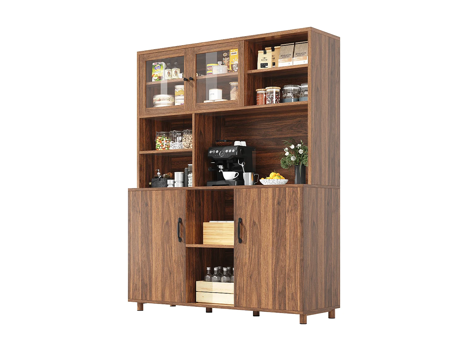 Buffet de cuisine hauts pour le salon - 140 x 40 x 185cm - avec 4 portes + Led - style rétro - MDF + verre - naturel