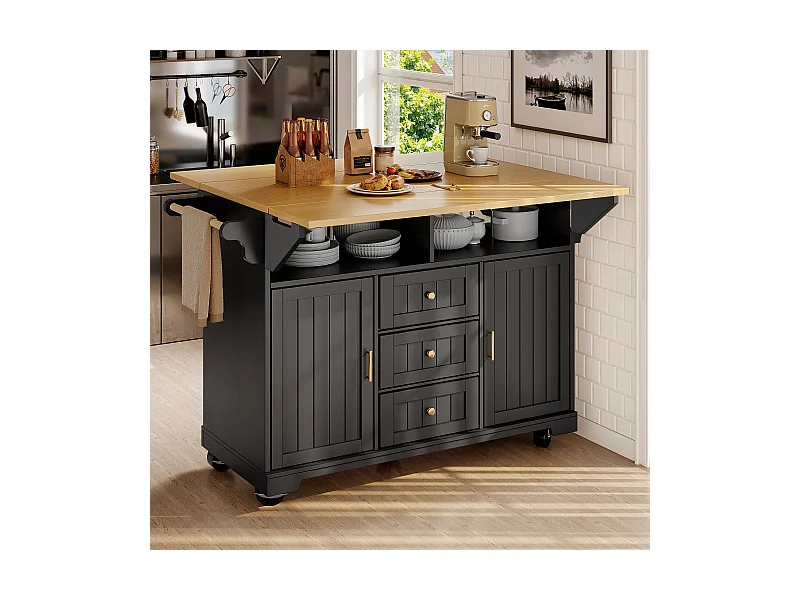 Îlot central extensible avec roulettes - 120 x 40/60/80 x 95 cm - avec 2 portes + 3 tiroirs - MDF + Métal - noir