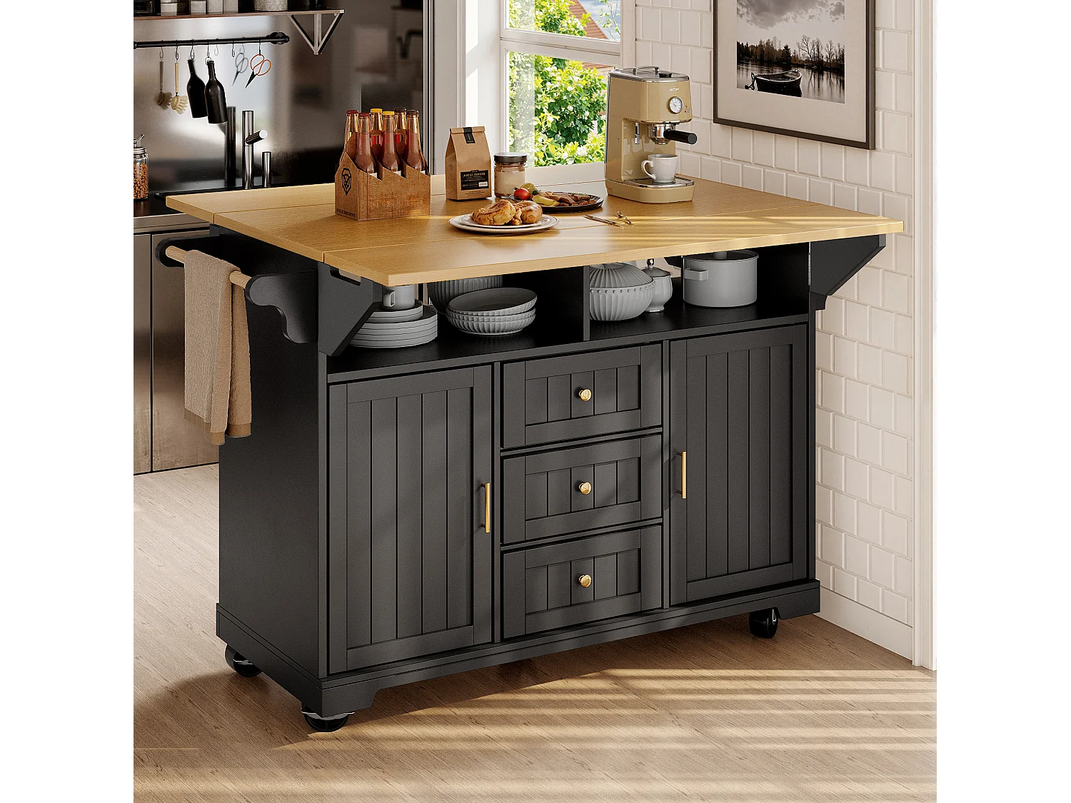 Îlot central extensible avec roulettes - 120 x 40/60/80 x 95 cm - avec 2 portes + 3 tiroirs - MDF + Métal - noir