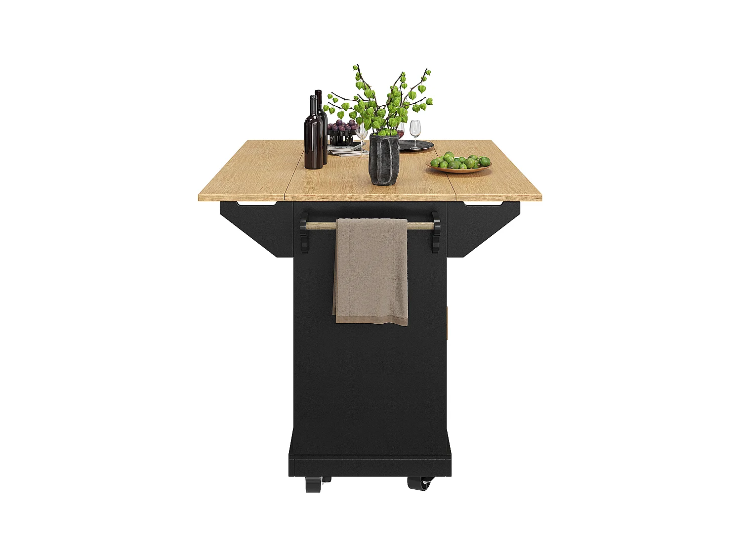 Îlot central extensible avec roulettes - 120 x 40/60/80 x 95 cm - avec 2 portes + 3 tiroirs - MDF + Métal - noir