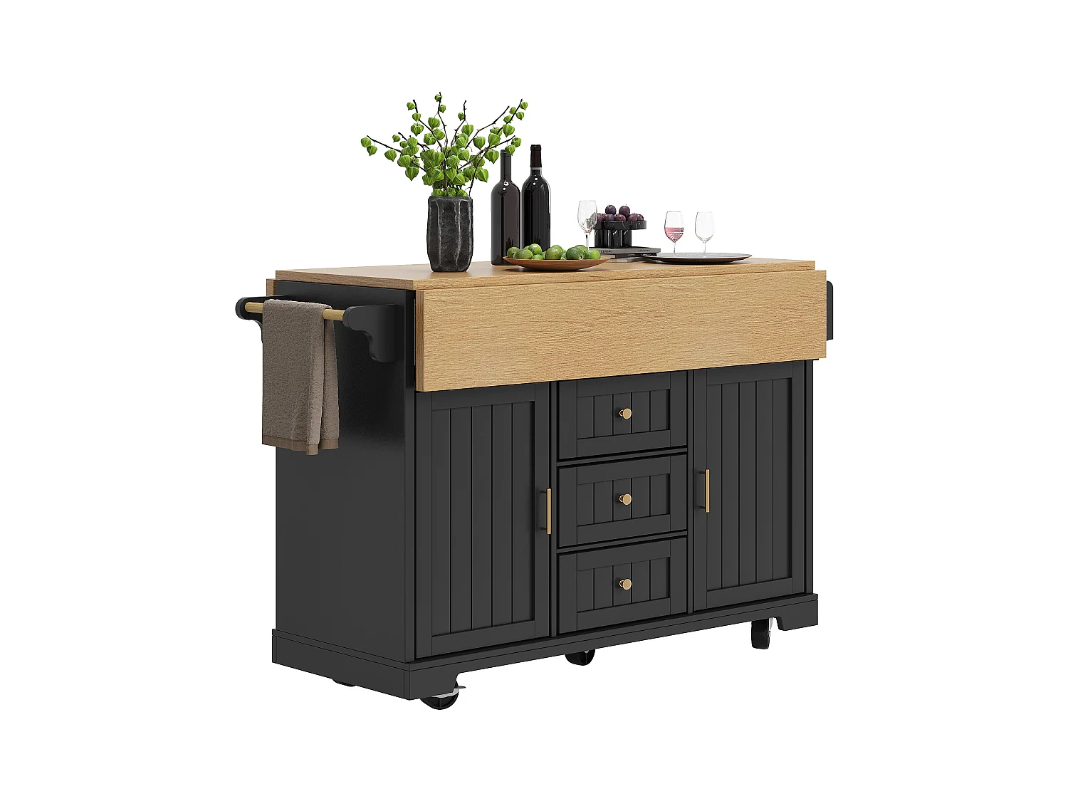 Îlot central extensible avec roulettes - 120 x 40/60/80 x 95 cm - avec 2 portes + 3 tiroirs - MDF + Métal - noir