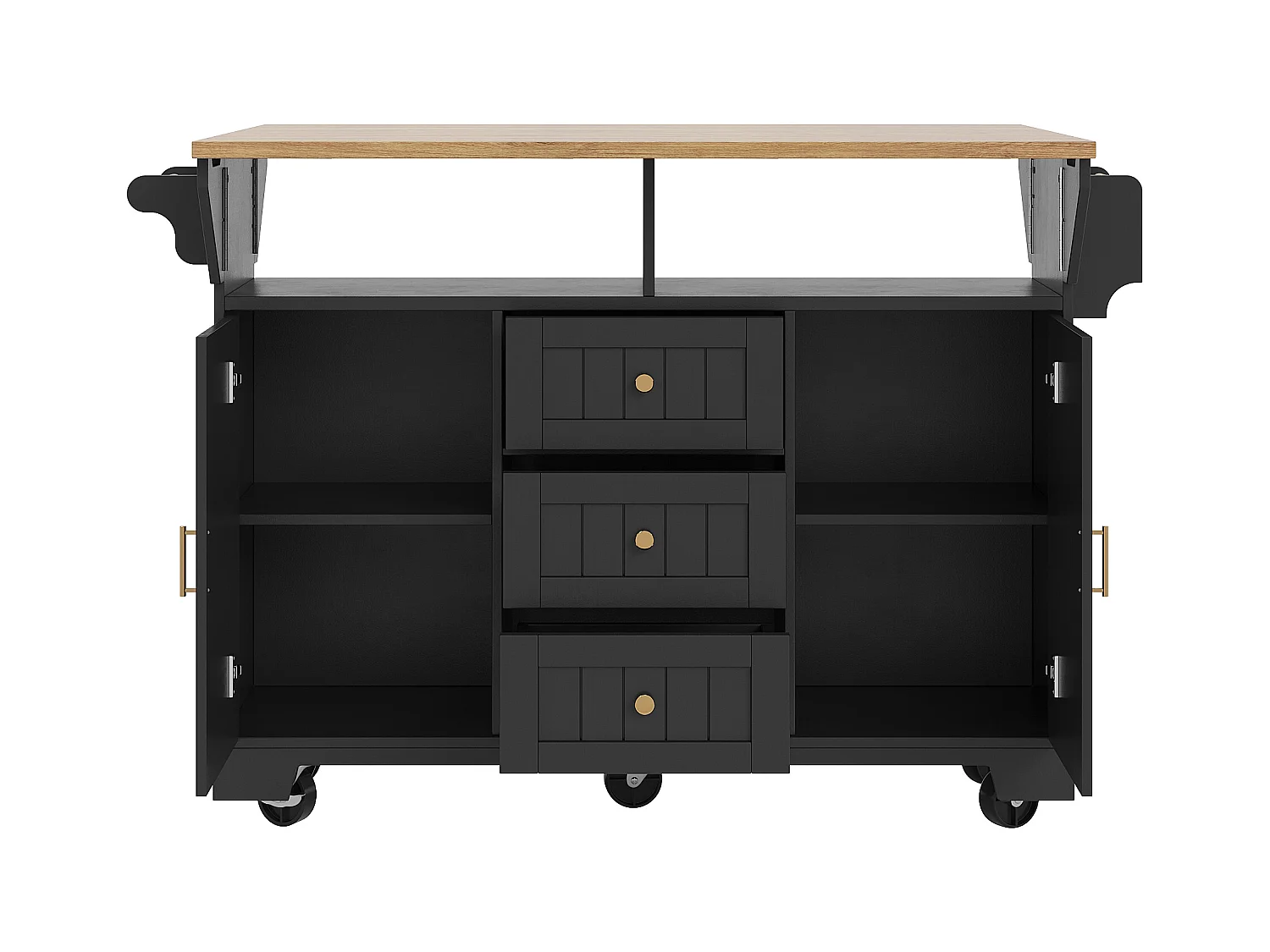 Îlot central extensible avec roulettes - 120 x 40/60/80 x 95 cm - avec 2 portes + 3 tiroirs - MDF + Métal - noir