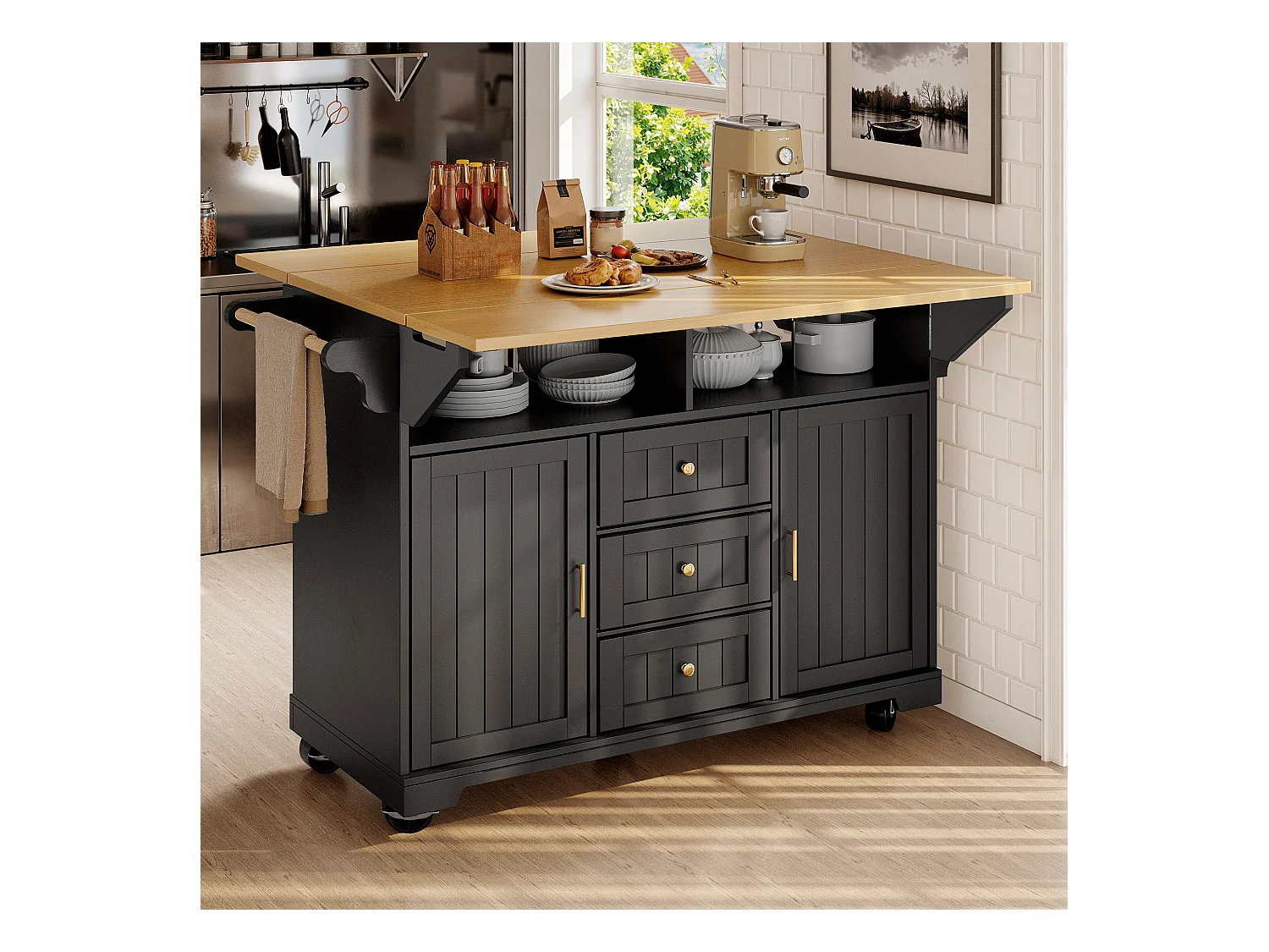 Îlot central extensible avec roulettes - 120 x 40/60/80 x 95 cm - avec 2 portes + 3 tiroirs - MDF + Métal - noir