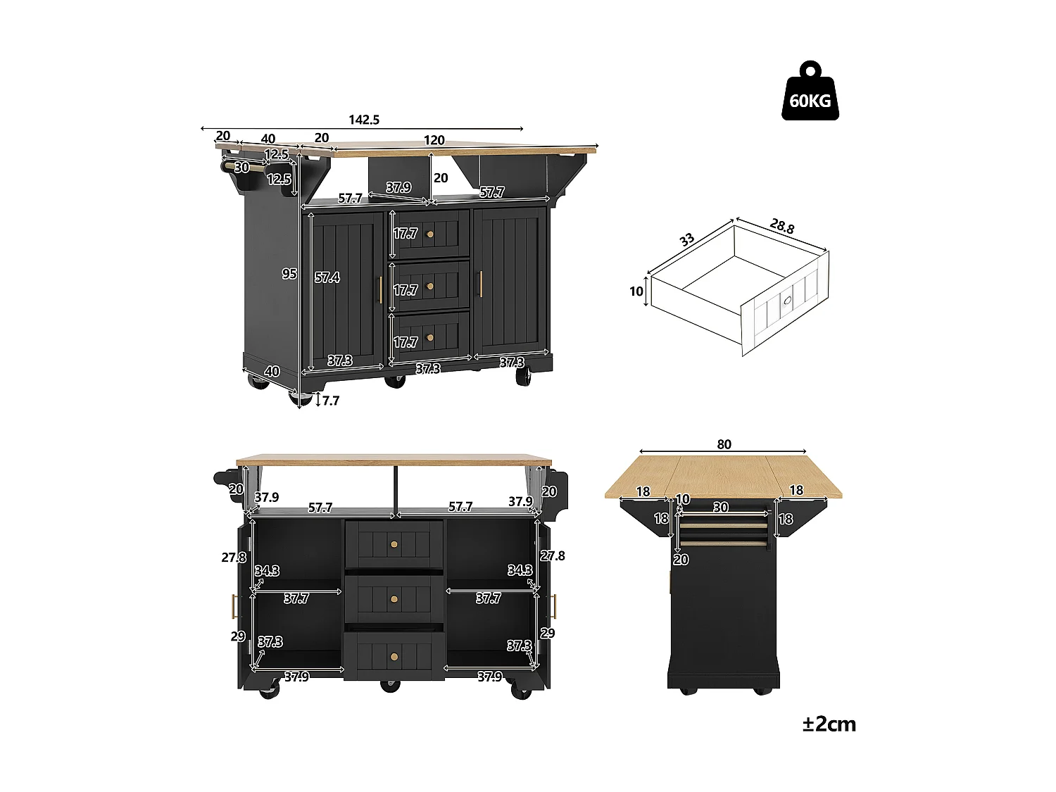 Îlot central extensible avec roulettes - 120 x 40/60/80 x 95 cm - avec 2 portes + 3 tiroirs - MDF + Métal - noir