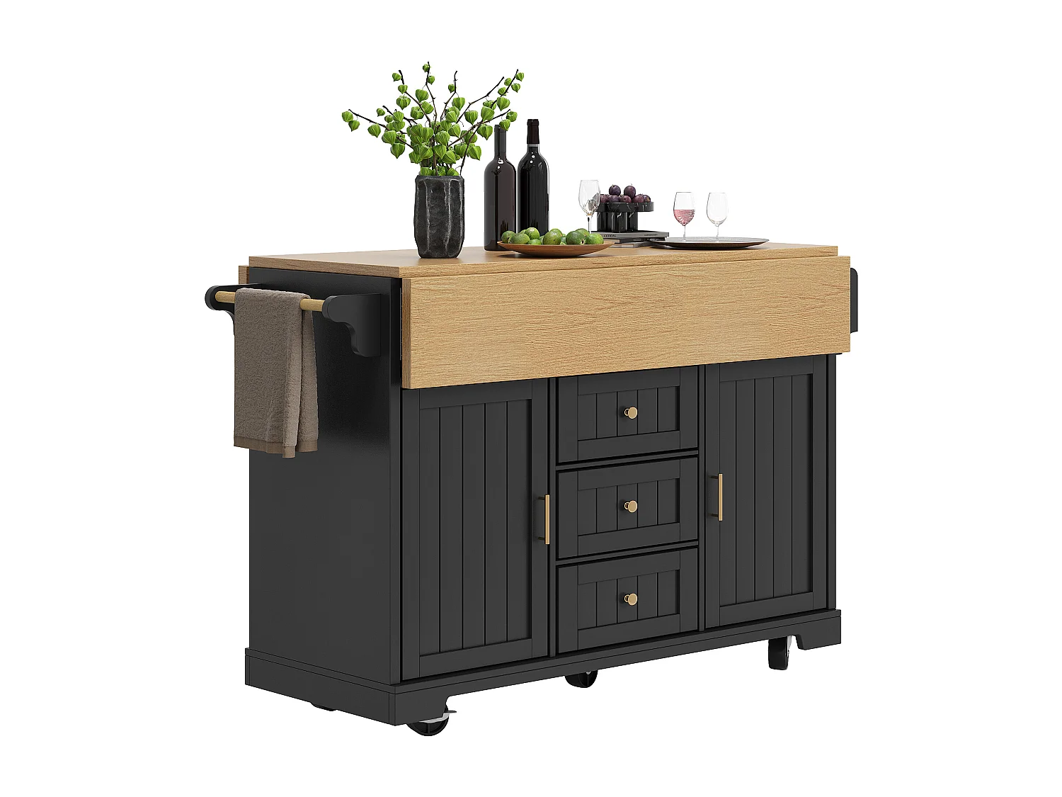 Îlot central extensible avec roulettes - 120 x 40/60/80 x 95 cm - avec 2 portes + 3 tiroirs - MDF + Métal - noir