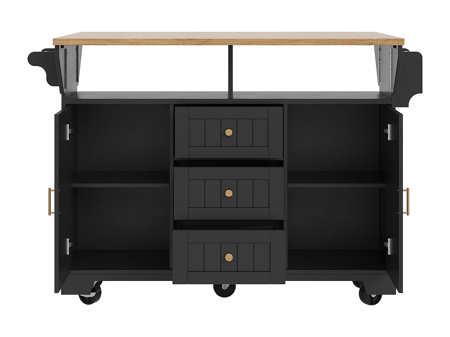 Îlot central extensible avec roulettes - 120 x 40/60/80 x 95 cm - avec 2 portes + 3 tiroirs - MDF + Métal - noir