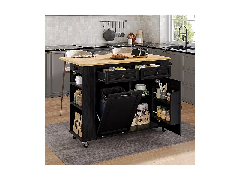 Îlot central extensible avec roulettes - 120 x 40/70 x 92 cm - avec 2 portes + 2 tiroirs - MDF - noir + naturel