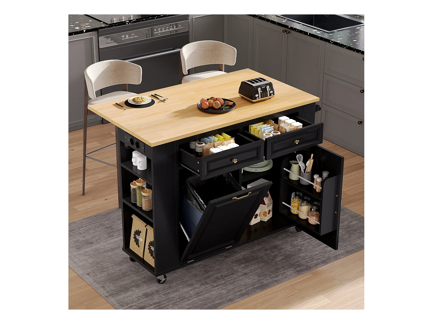 Uitschuifbaar kookeiland met wielen - 120 x 40/70 x 92 cm - met 2 deuren + 2 laden - MDF - zwart + naturel