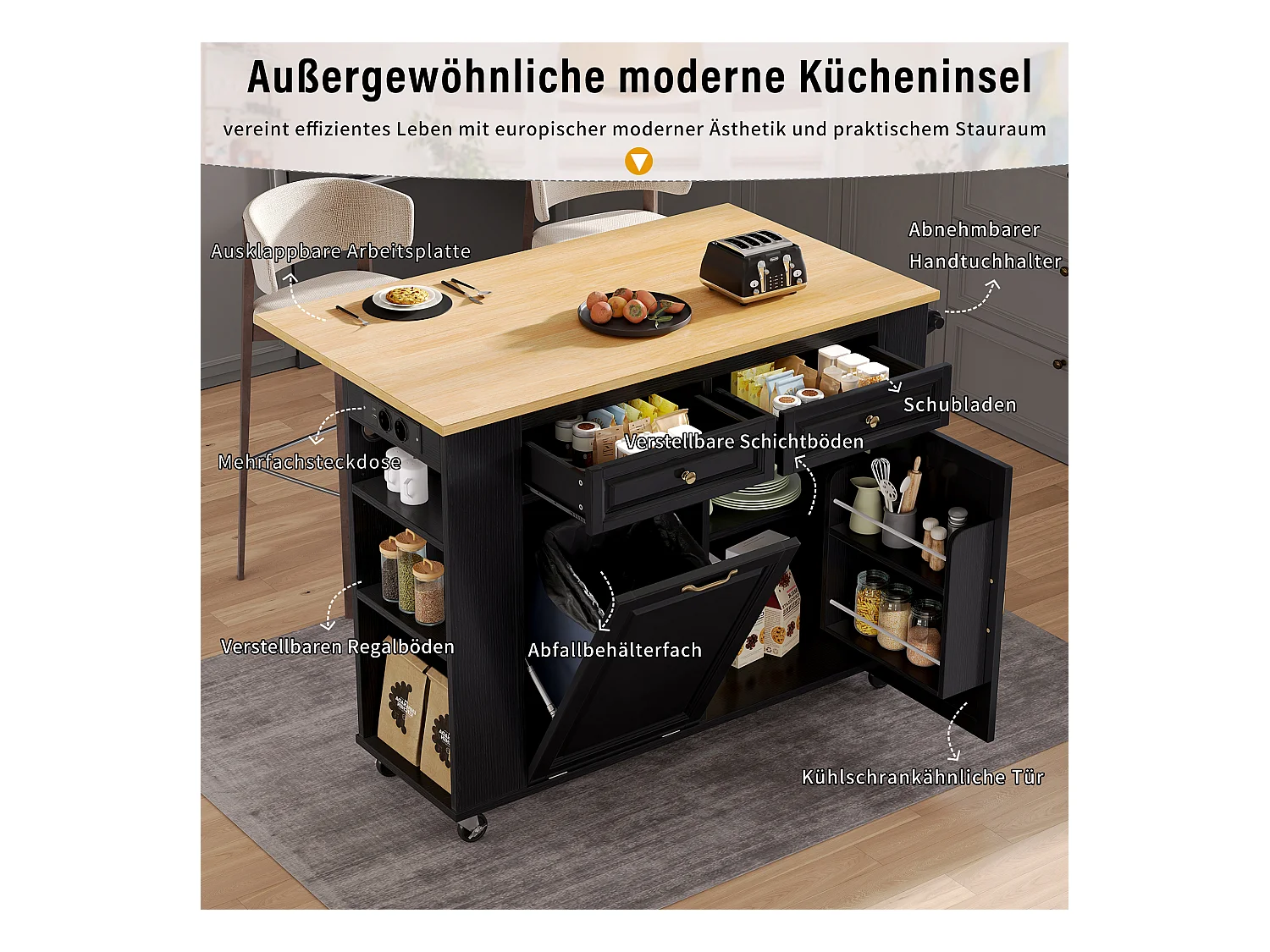 Uitschuifbaar kookeiland met wielen - 120 x 40/70 x 92 cm - met 2 deuren + 2 laden - MDF - zwart + naturel