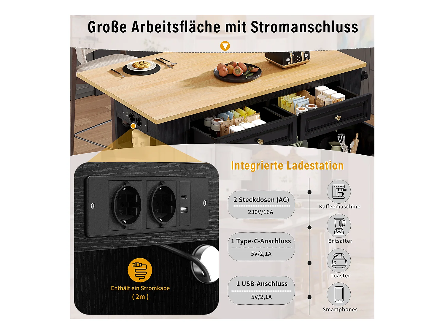 Uitschuifbaar kookeiland met wielen - 120 x 40/70 x 92 cm - met 2 deuren + 2 laden - MDF - zwart + naturel