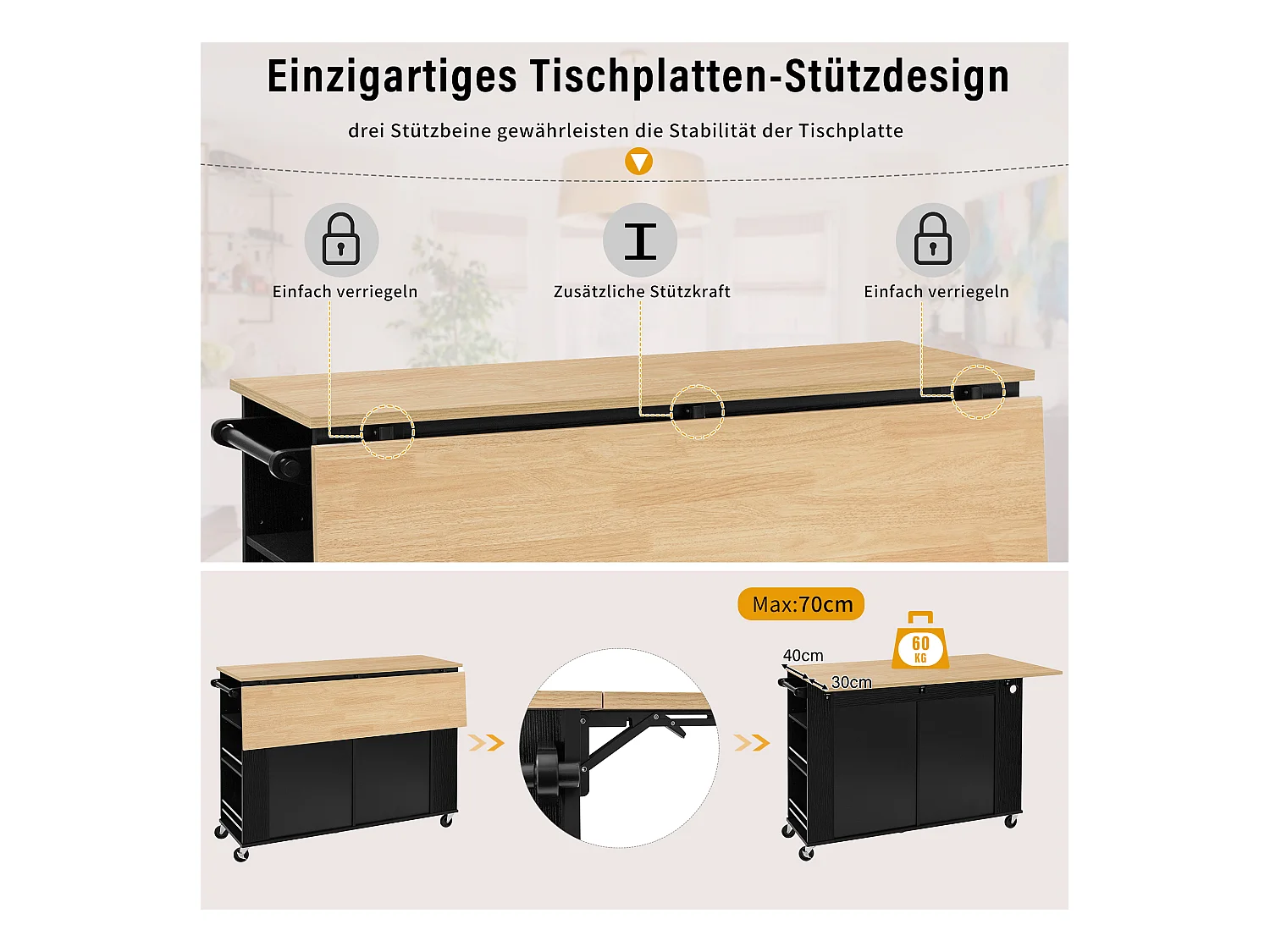 Uitschuifbaar kookeiland met wielen - 120 x 40/70 x 92 cm - met 2 deuren + 2 laden - MDF - zwart + naturel