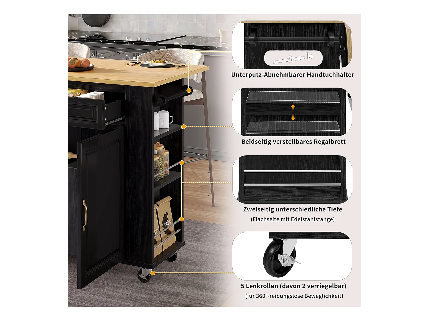 Uitschuifbaar kookeiland met wielen - 120 x 40/70 x 92 cm - met 2 deuren + 2 laden - MDF - zwart + naturel