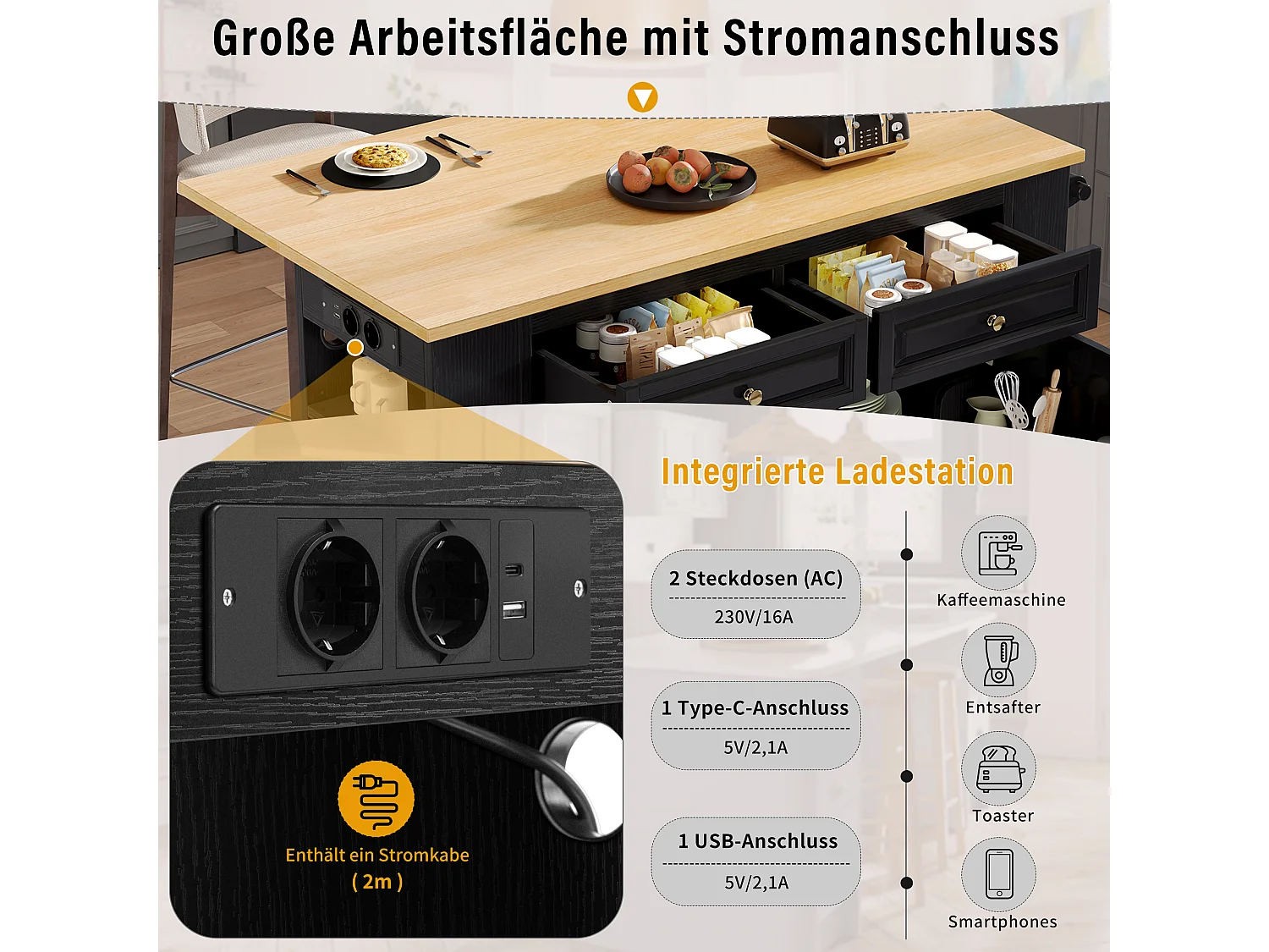 Ausziehbare Mittelinsel mit Rollen - 120 x 40/70 x 92 cm - mit 2 Türen + 2 Schubladen - MDF - Schwarz + Natur