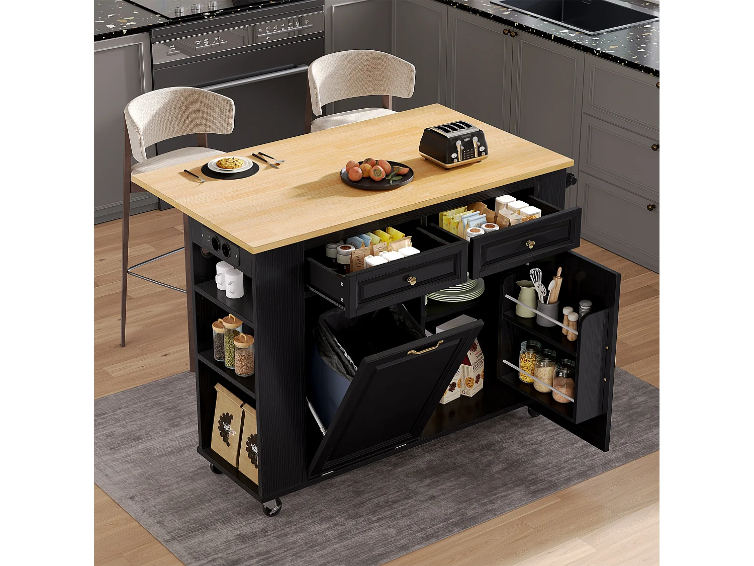 Îlot central extensible avec roulettes - 120 x 40/70 x 92 cm - avec 2 portes + 2 tiroirs - MDF - noir + naturel