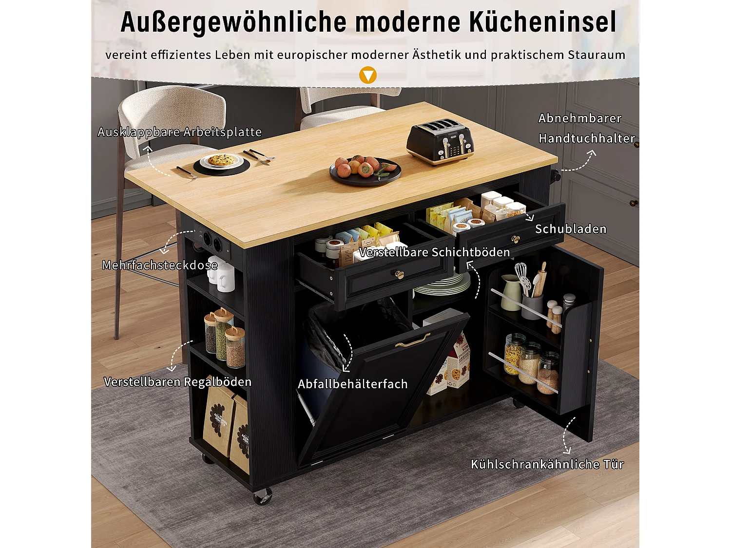 Îlot central extensible avec roulettes - 120 x 40/70 x 92 cm - avec 2 portes + 2 tiroirs - MDF - noir + naturel