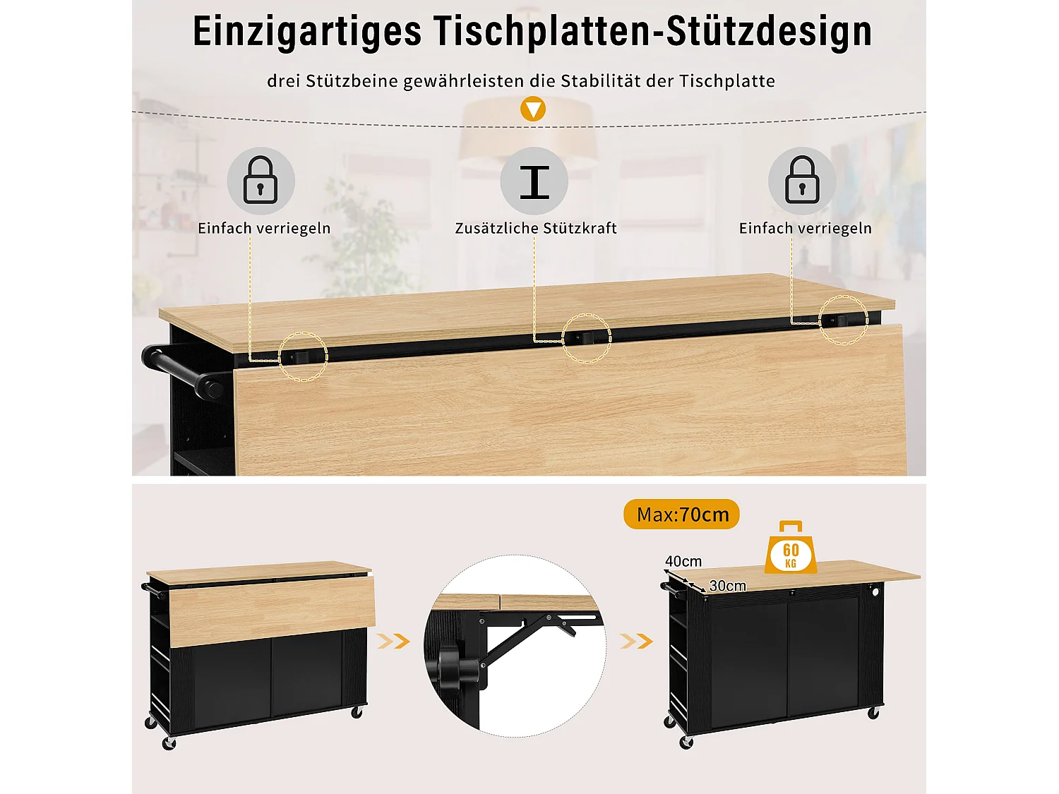 Îlot central extensible avec roulettes - 120 x 40/70 x 92 cm - avec 2 portes + 2 tiroirs - MDF - noir + naturel