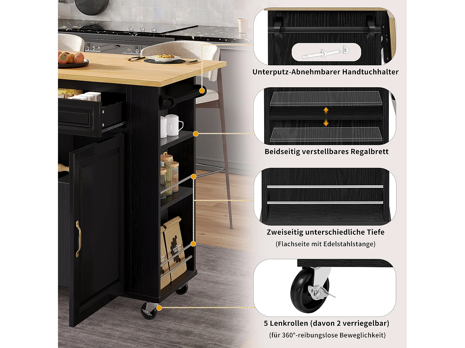 Îlot central extensible avec roulettes - 120 x 40/70 x 92 cm - avec 2 portes + 2 tiroirs - MDF - noir + naturel