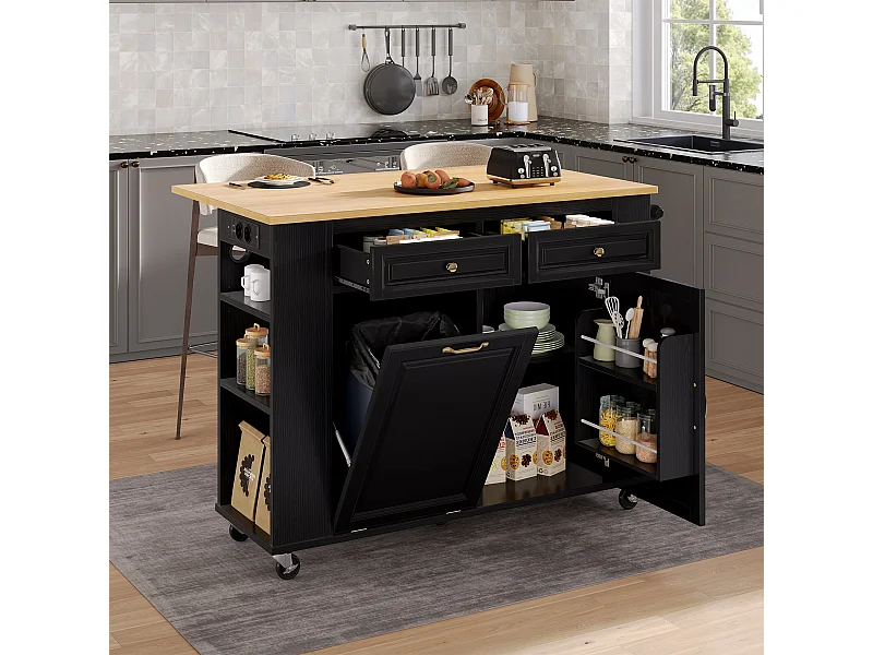 Ausziehbare Mittelinsel mit Rollen - 120 x 40/70 x 92 cm - mit 2 Türen + 2 Schubladen - MDF - Schwarz + Natur