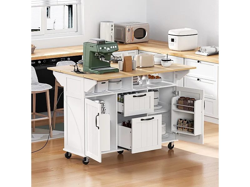 Rozkładana wyspa centralna z kółkami - 120 x 40/60/80 x 92 cm - z 2 drzwiami + 2 szufladami - MDF - czarny + naturalny