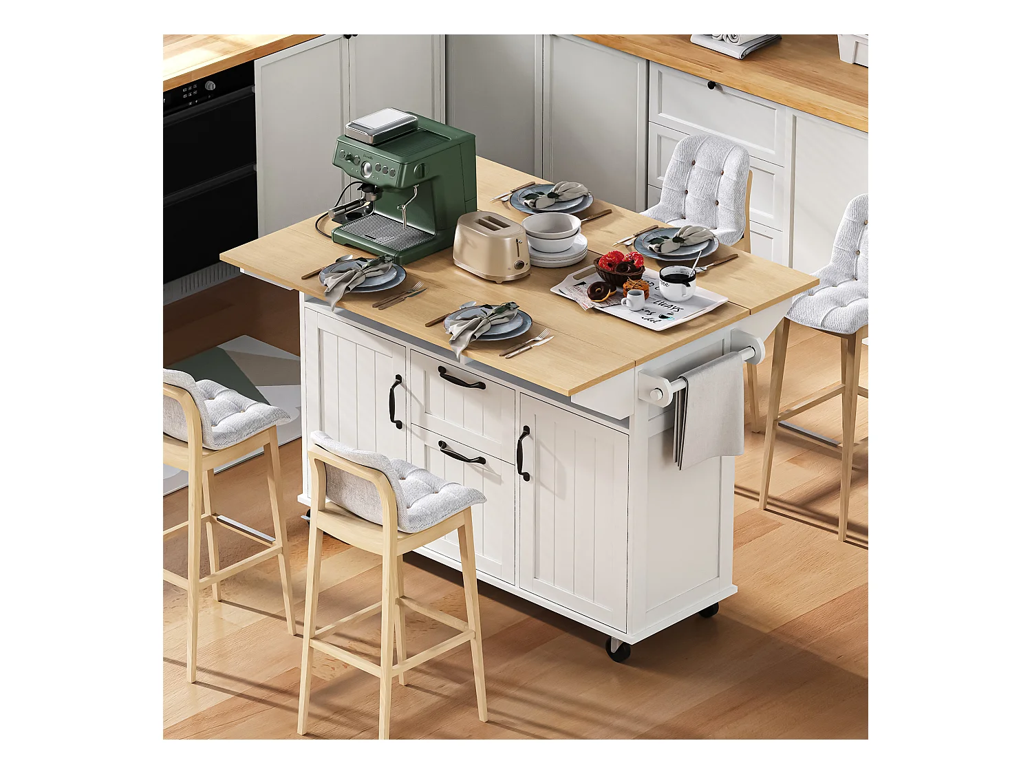 Ausziehbare Mittelinsel mit Rollen - 120 x 40/60/80 x 92 cm - mit 2 Türen + 2 Schubladen - MDF - Schwarz + Natur