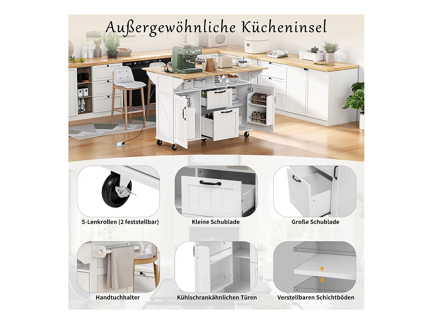 Ausziehbare Mittelinsel mit Rollen - 120 x 40/60/80 x 92 cm - mit 2 Türen + 2 Schubladen - MDF - Schwarz + Natur