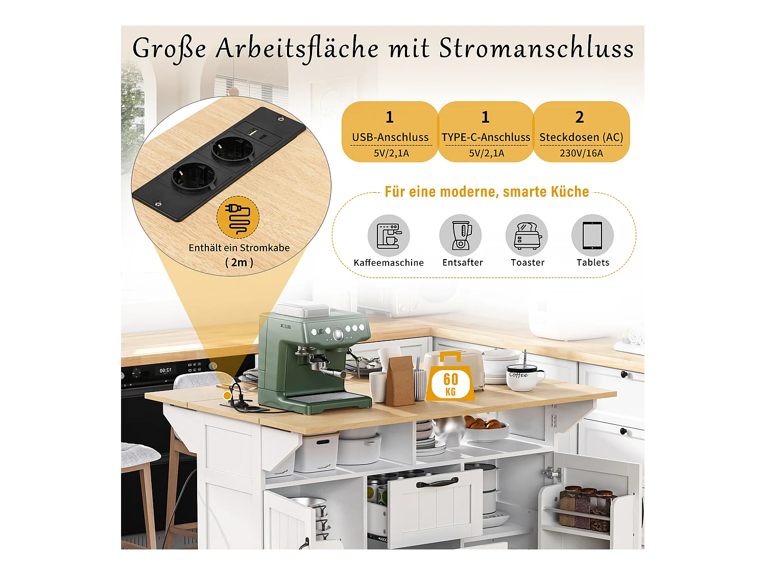 Ausziehbare Mittelinsel mit Rollen - 120 x 40/60/80 x 92 cm - mit 2 Türen + 2 Schubladen - MDF - Schwarz + Natur