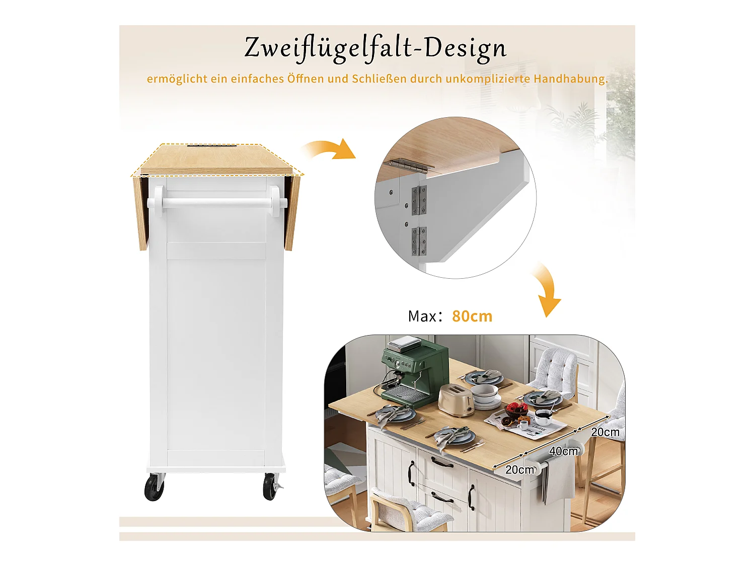 Ausziehbare Mittelinsel mit Rollen - 120 x 40/60/80 x 92 cm - mit 2 Türen + 2 Schubladen - MDF - Schwarz + Natur