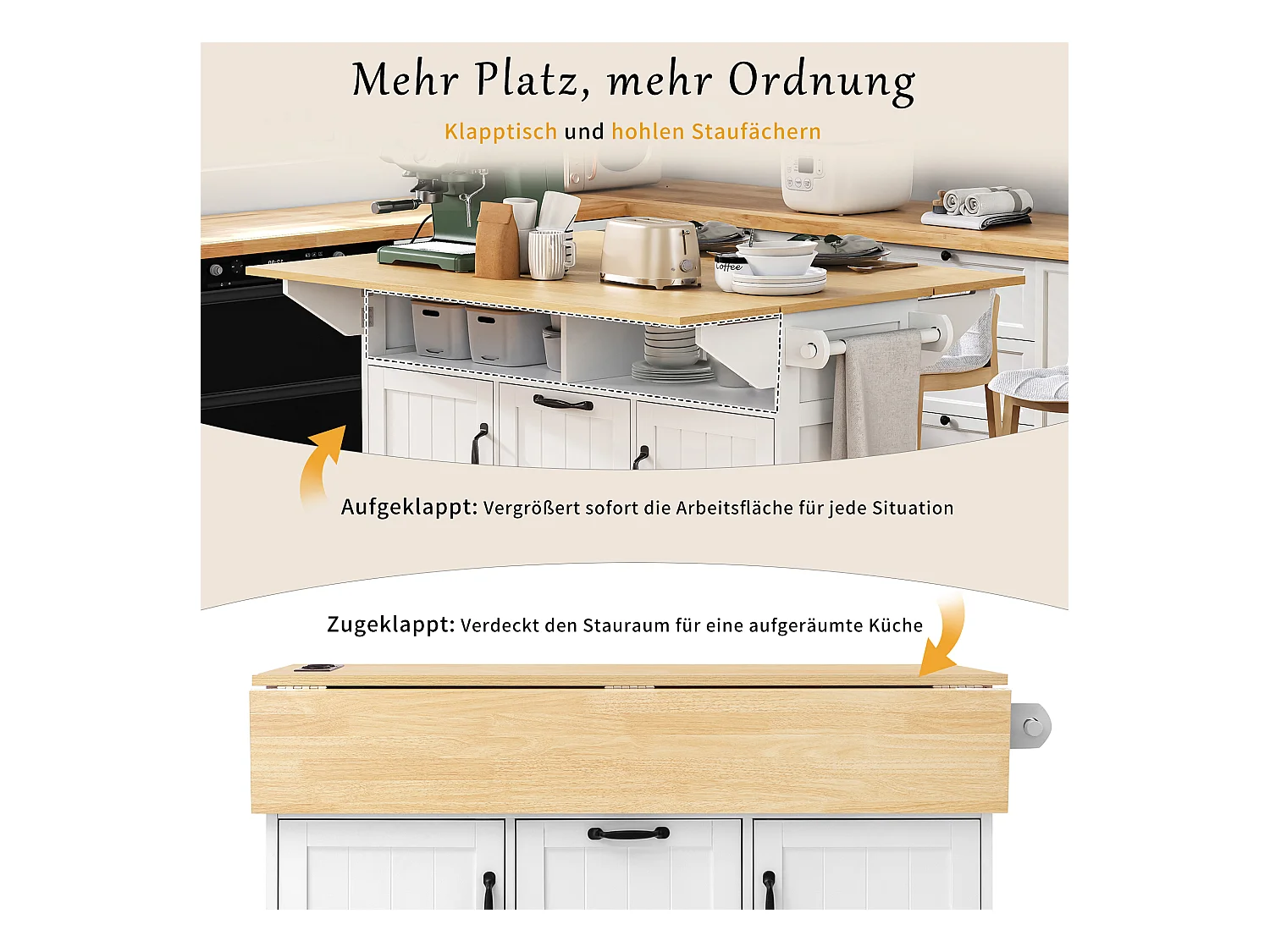 Ausziehbare Mittelinsel mit Rollen - 120 x 40/60/80 x 92 cm - mit 2 Türen + 2 Schubladen - MDF - Schwarz + Natur
