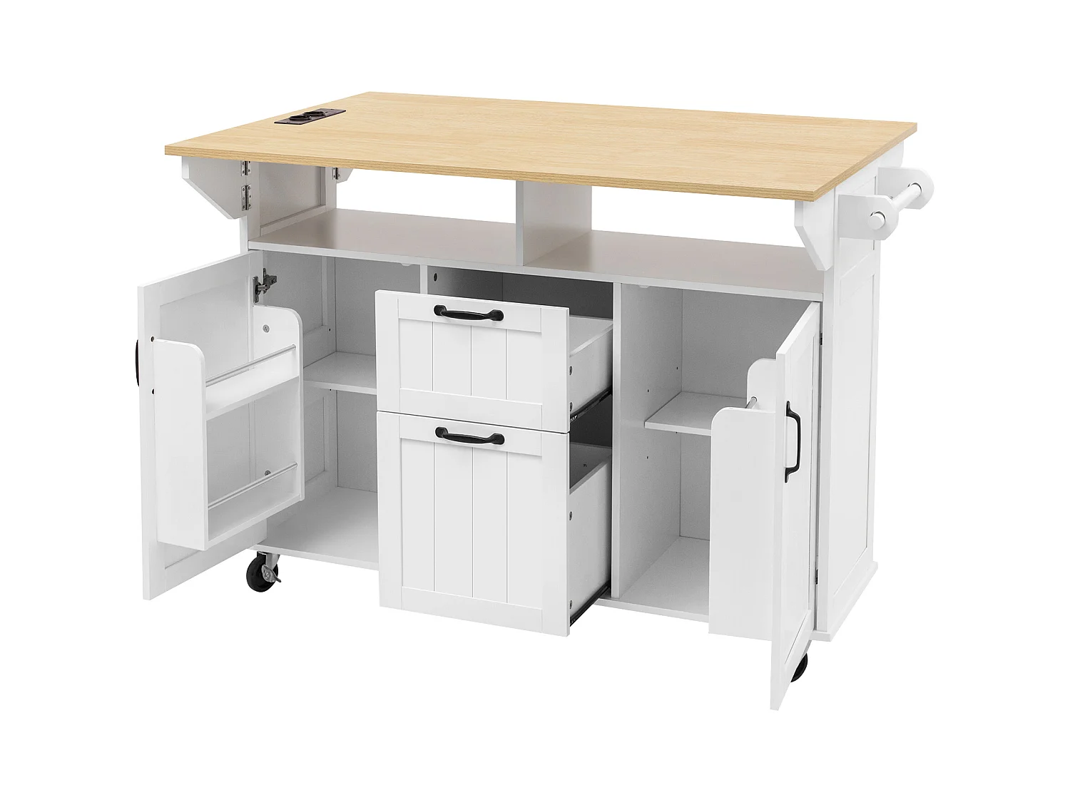 Ausziehbare Mittelinsel mit Rollen - 120 x 40/60/80 x 92 cm - mit 2 Türen + 2 Schubladen - MDF - Schwarz + Natur