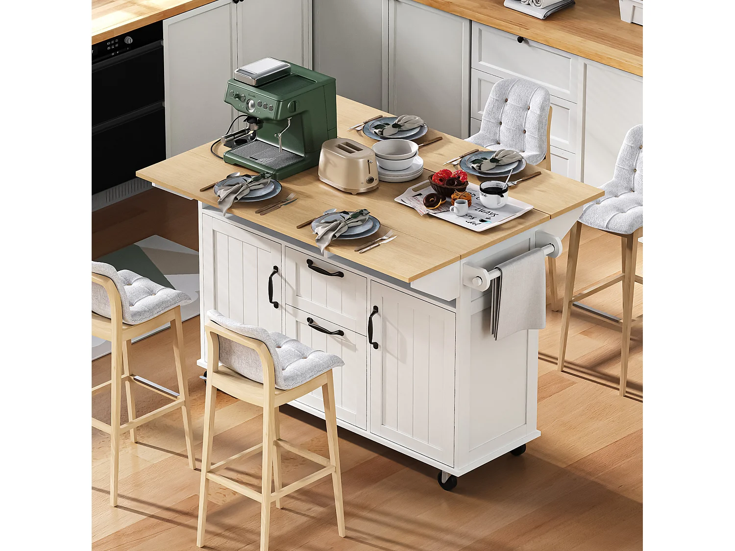 Ausziehbare Mittelinsel mit Rollen - 120 x 40/60/80 x 92 cm - mit 2 Türen + 2 Schubladen - MDF - Schwarz + Natur