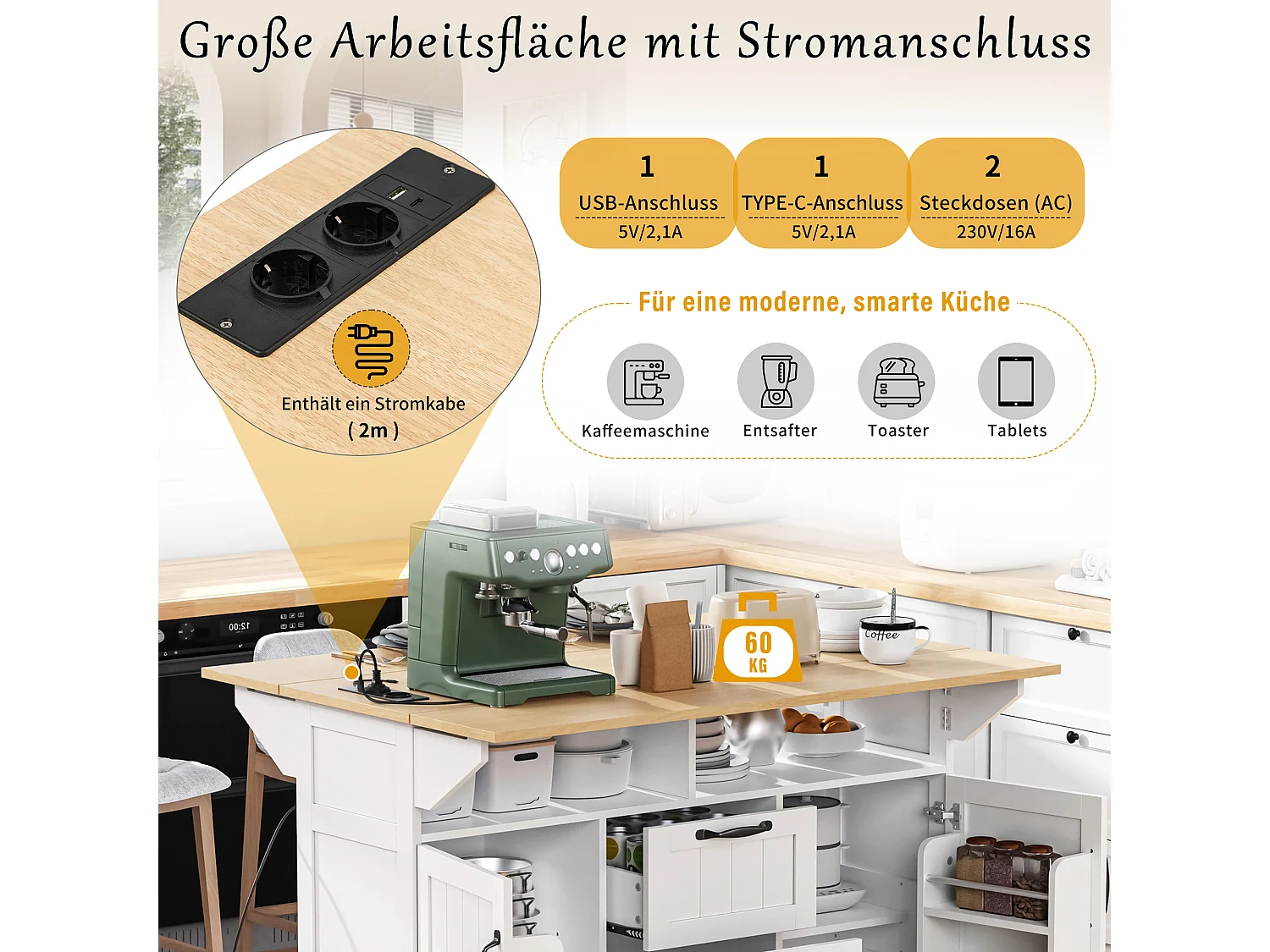 Ausziehbare Mittelinsel mit Rollen - 120 x 40/60/80 x 92 cm - mit 2 Türen + 2 Schubladen - MDF - Schwarz + Natur