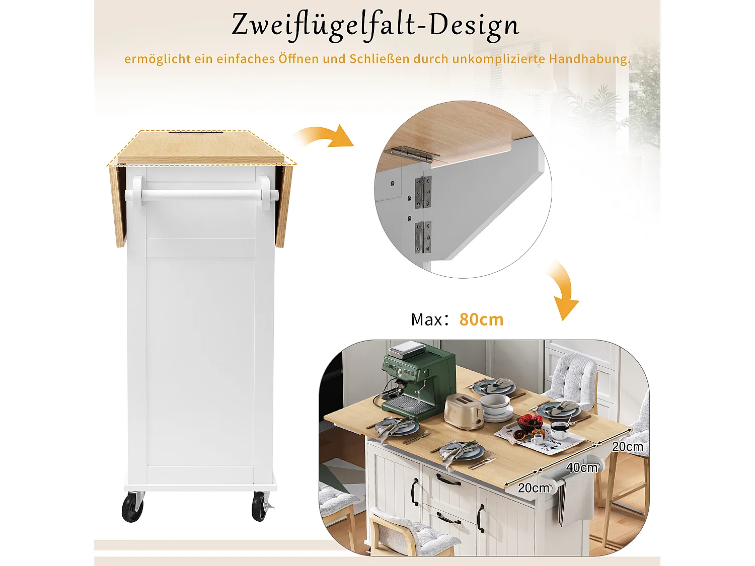 Ausziehbare Mittelinsel mit Rollen - 120 x 40/60/80 x 92 cm - mit 2 Türen + 2 Schubladen - MDF - Schwarz + Natur