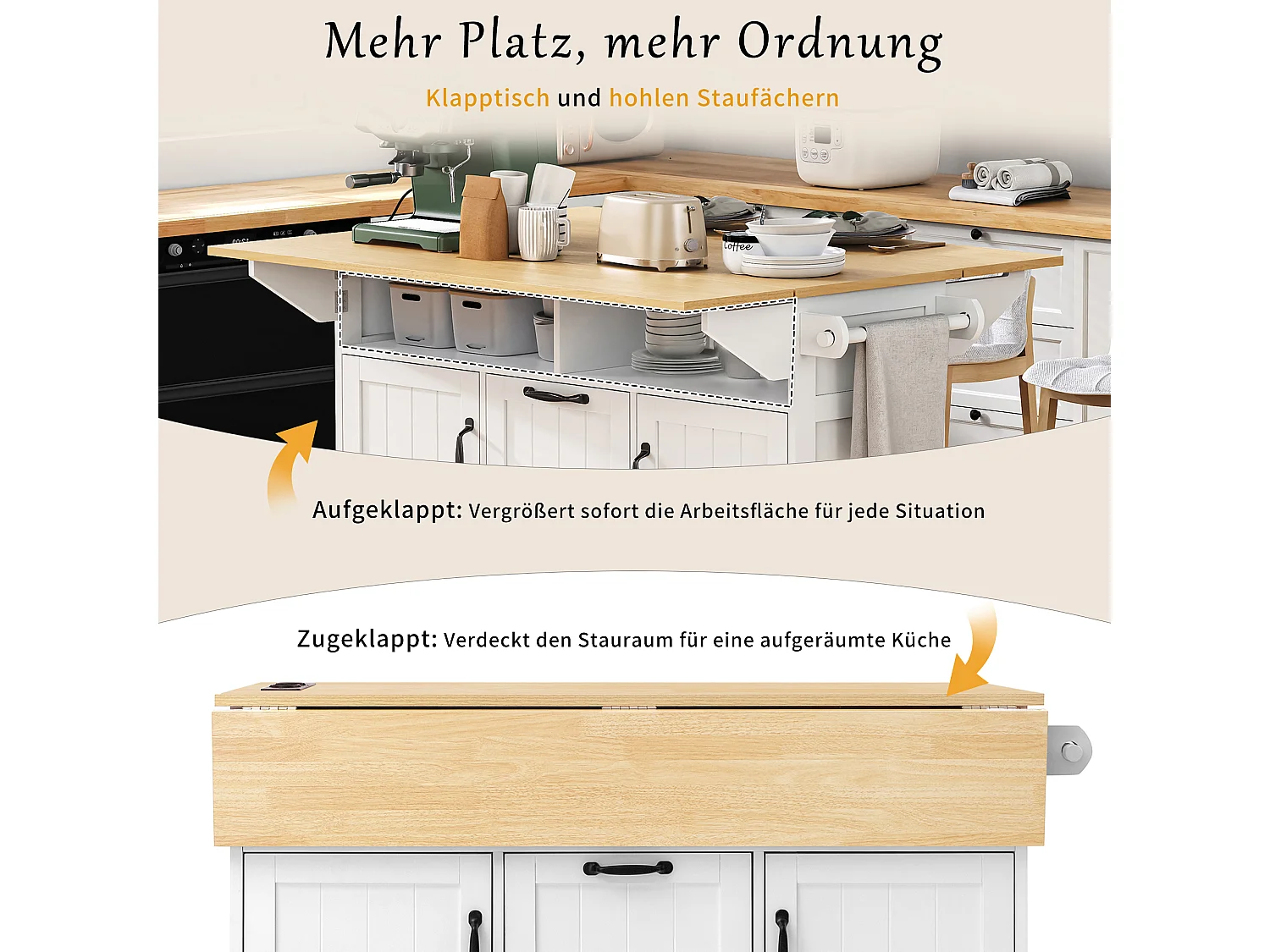 Ausziehbare Mittelinsel mit Rollen - 120 x 40/60/80 x 92 cm - mit 2 Türen + 2 Schubladen - MDF - Schwarz + Natur