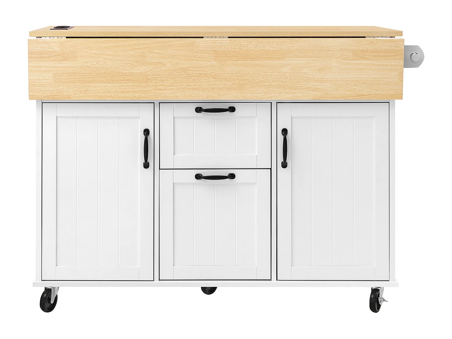 Ausziehbare Mittelinsel mit Rollen - 120 x 40/60/80 x 92 cm - mit 2 Türen + 2 Schubladen - MDF - Schwarz + Natur