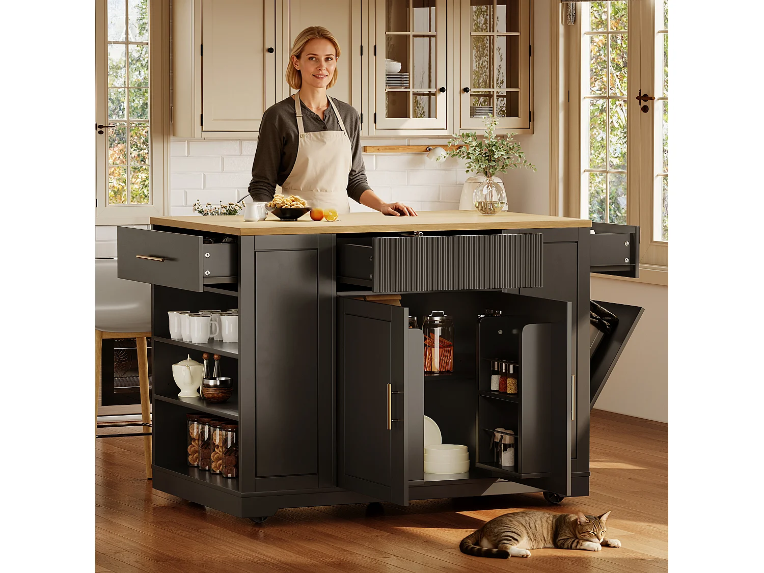 Îlot central à roulettes - 120 x 50 x 92 cm - avec compartiment poubelle + 2 portes et 3 tiroirs - MDF + Métal - noir