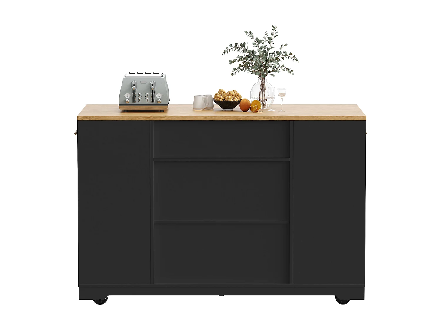 Îlot central à roulettes - 120 x 50 x 92 cm - avec compartiment poubelle + 2 portes et 3 tiroirs - MDF + Métal - noir