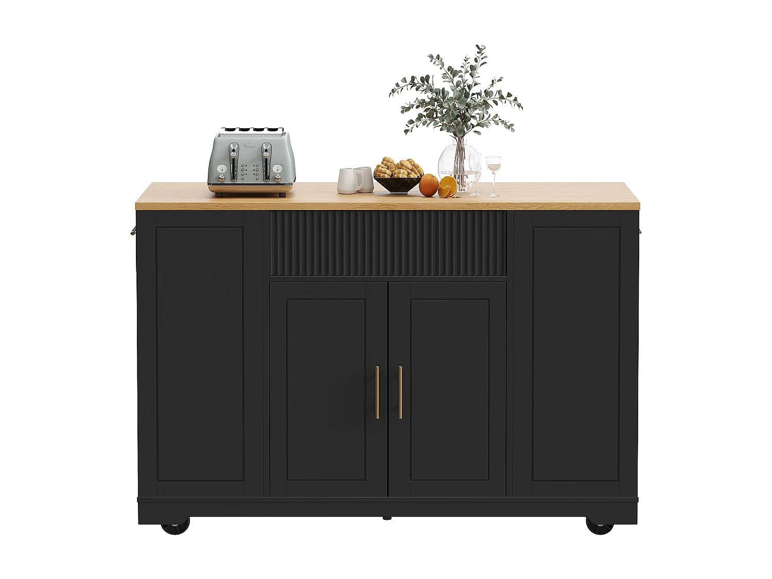 Îlot central à roulettes - 120 x 50 x 92 cm - avec compartiment poubelle + 2 portes et 3 tiroirs - MDF + Métal - noir