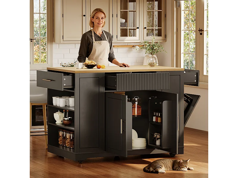 Centraal eiland op wielen - 120 x 50 x 92 cm - met opbergvak + 2 deuren en 3 laden - MDF + Metaal - zwart