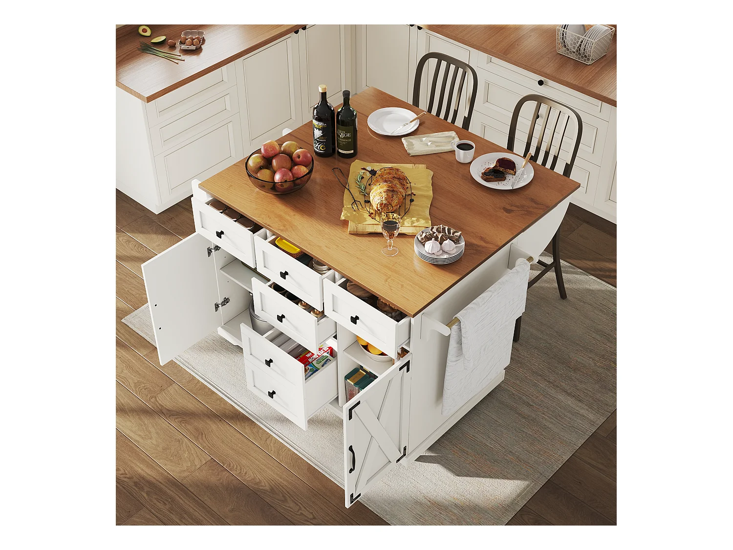 Îlot central extensible - 147 x 44/70 x 93 cm - meuble mobile avec 6 tiroirs + 2 portes - MDF + métal - blanc