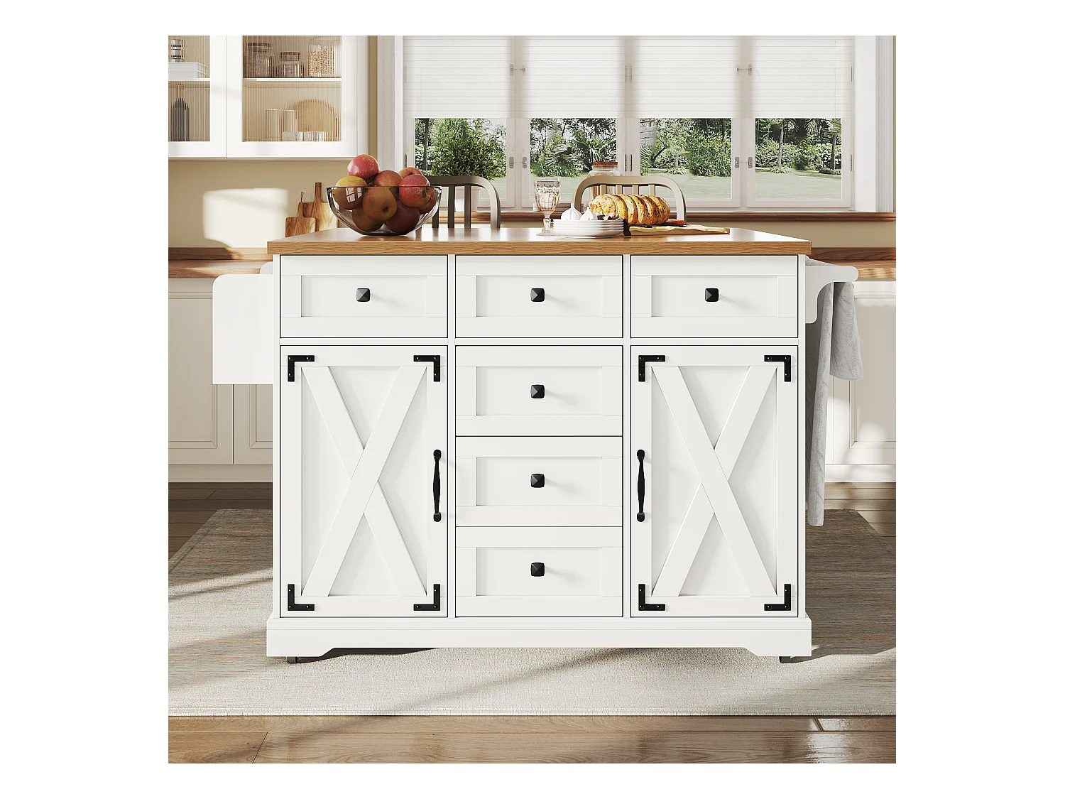 Îlot central extensible - 147 x 44/70 x 93 cm - meuble mobile avec 6 tiroirs + 2 portes - MDF + métal - blanc