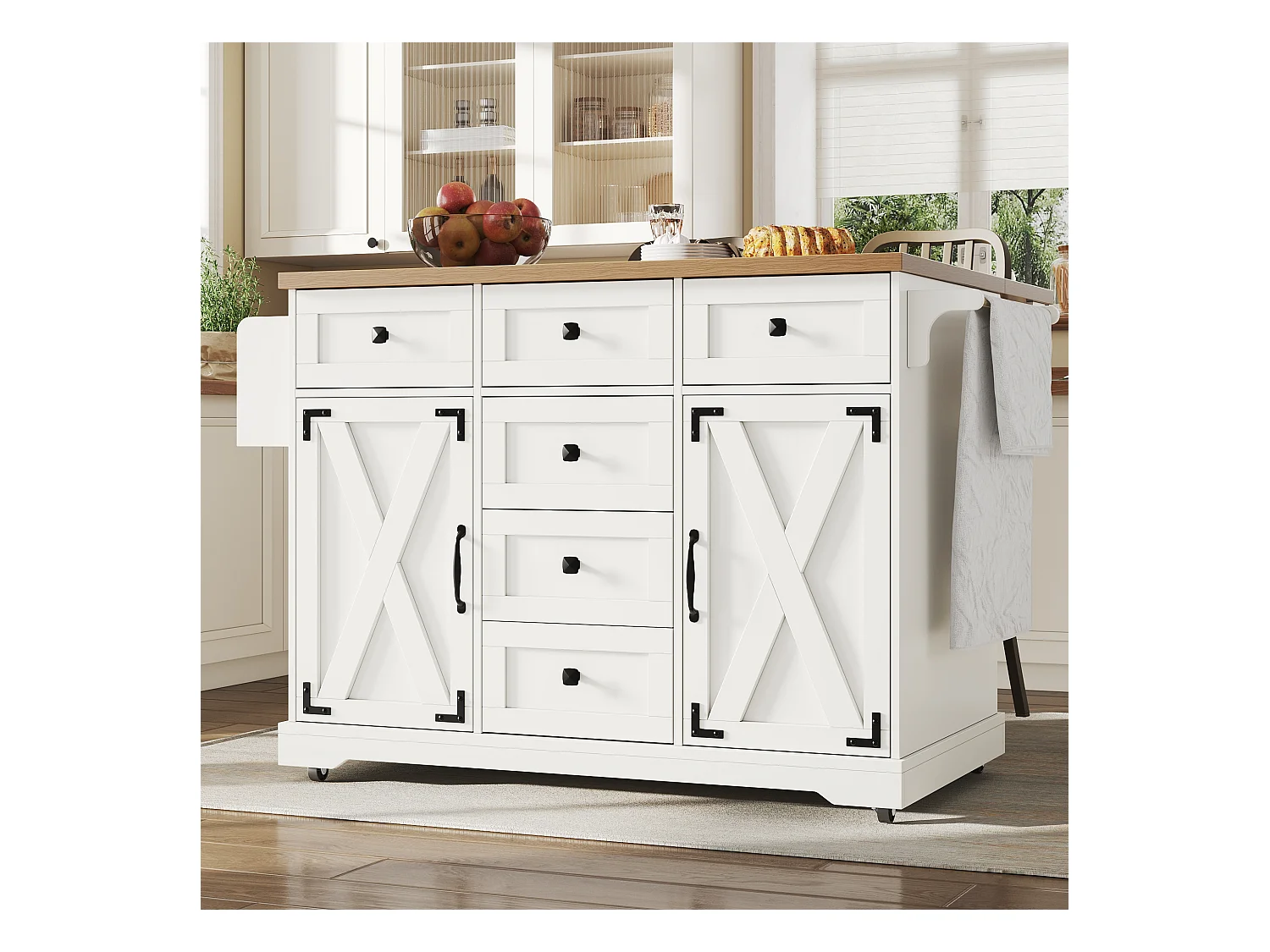 Îlot central extensible - 147 x 44/70 x 93 cm - meuble mobile avec 6 tiroirs + 2 portes - MDF + métal - blanc