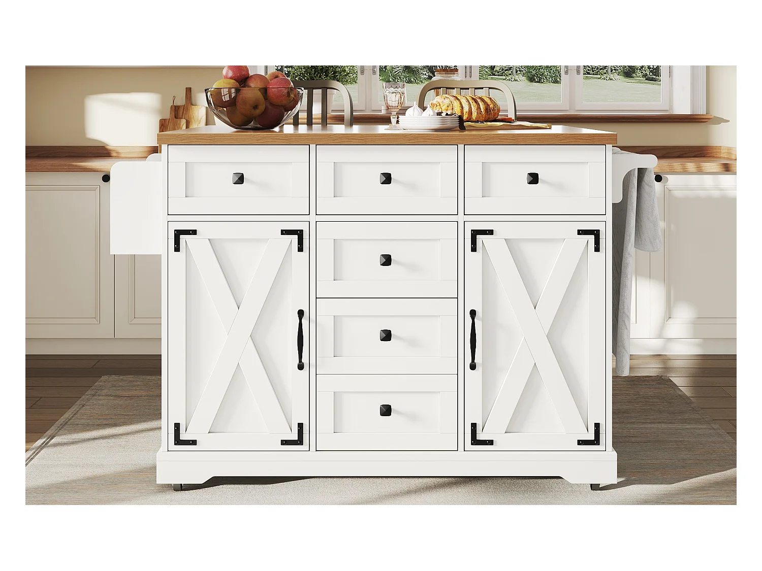 Îlot central extensible - 147 x 44/70 x 93 cm - meuble mobile avec 6 tiroirs + 2 portes - MDF + métal - blanc