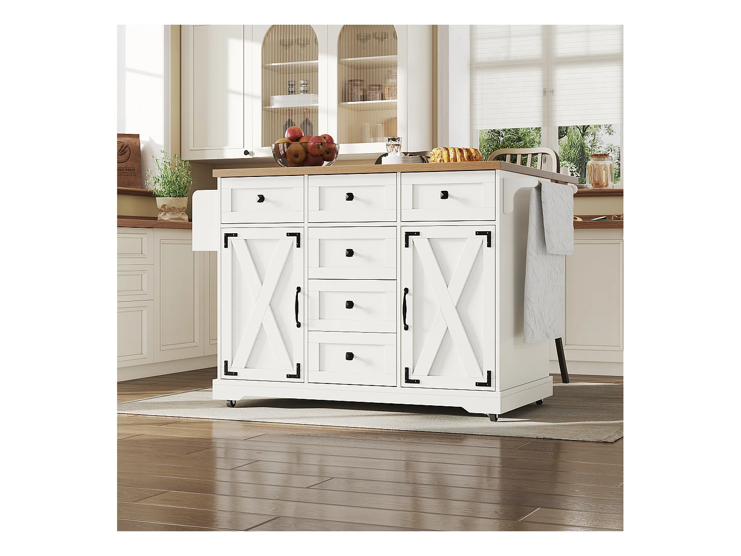 Îlot central extensible - 147 x 44/70 x 93 cm - meuble mobile avec 6 tiroirs + 2 portes - MDF + métal - blanc