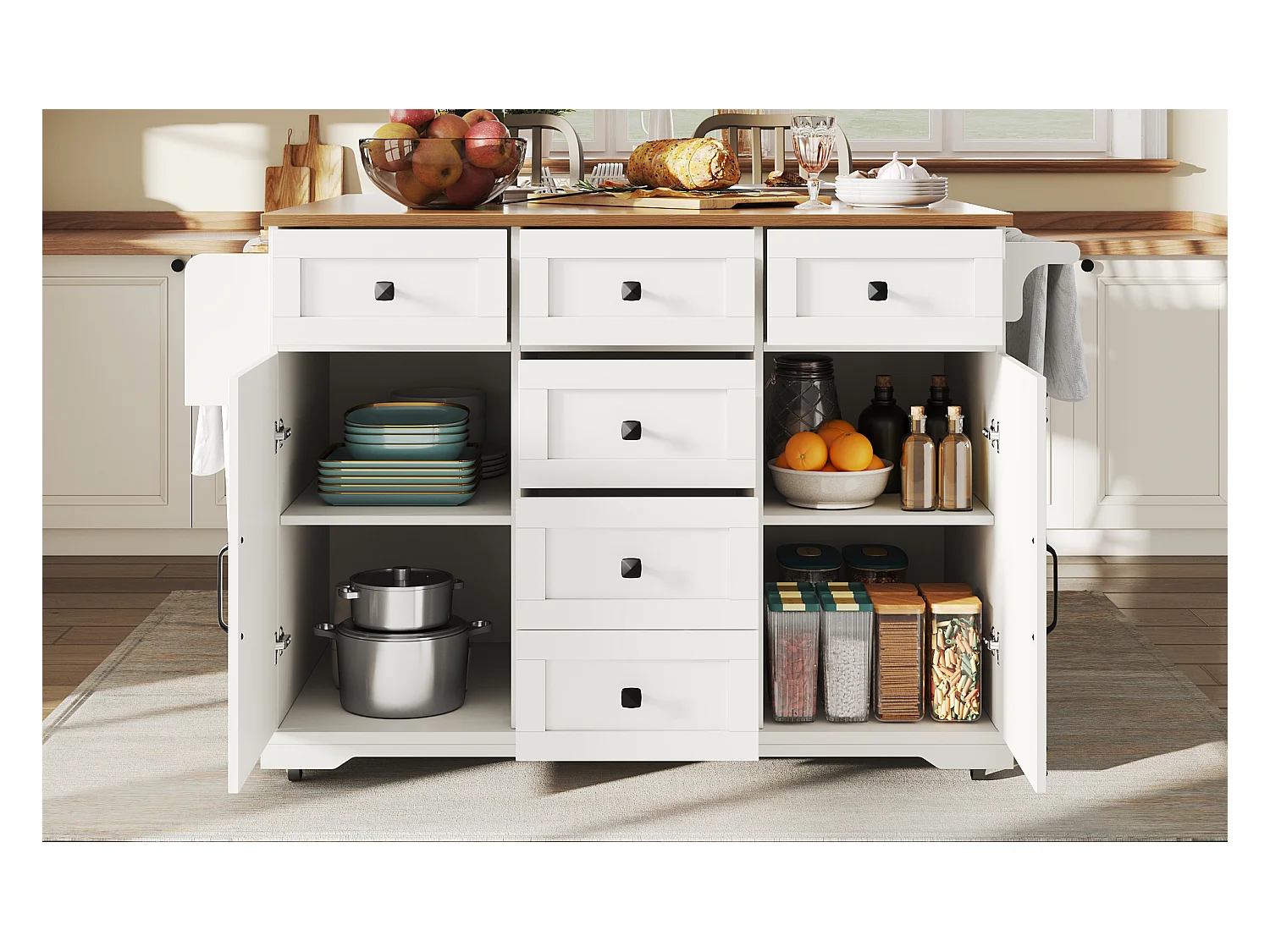 Îlot central extensible - 147 x 44/70 x 93 cm - meuble mobile avec 6 tiroirs + 2 portes - MDF + métal - blanc