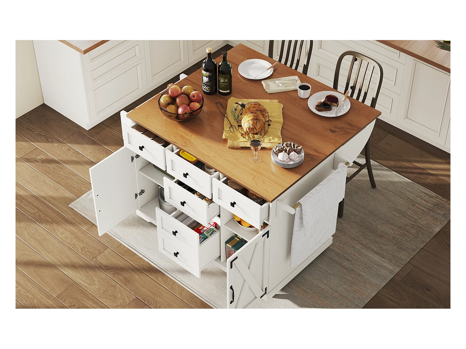 Îlot central extensible - 147 x 44/70 x 93 cm - meuble mobile avec 6 tiroirs + 2 portes - MDF + métal - blanc